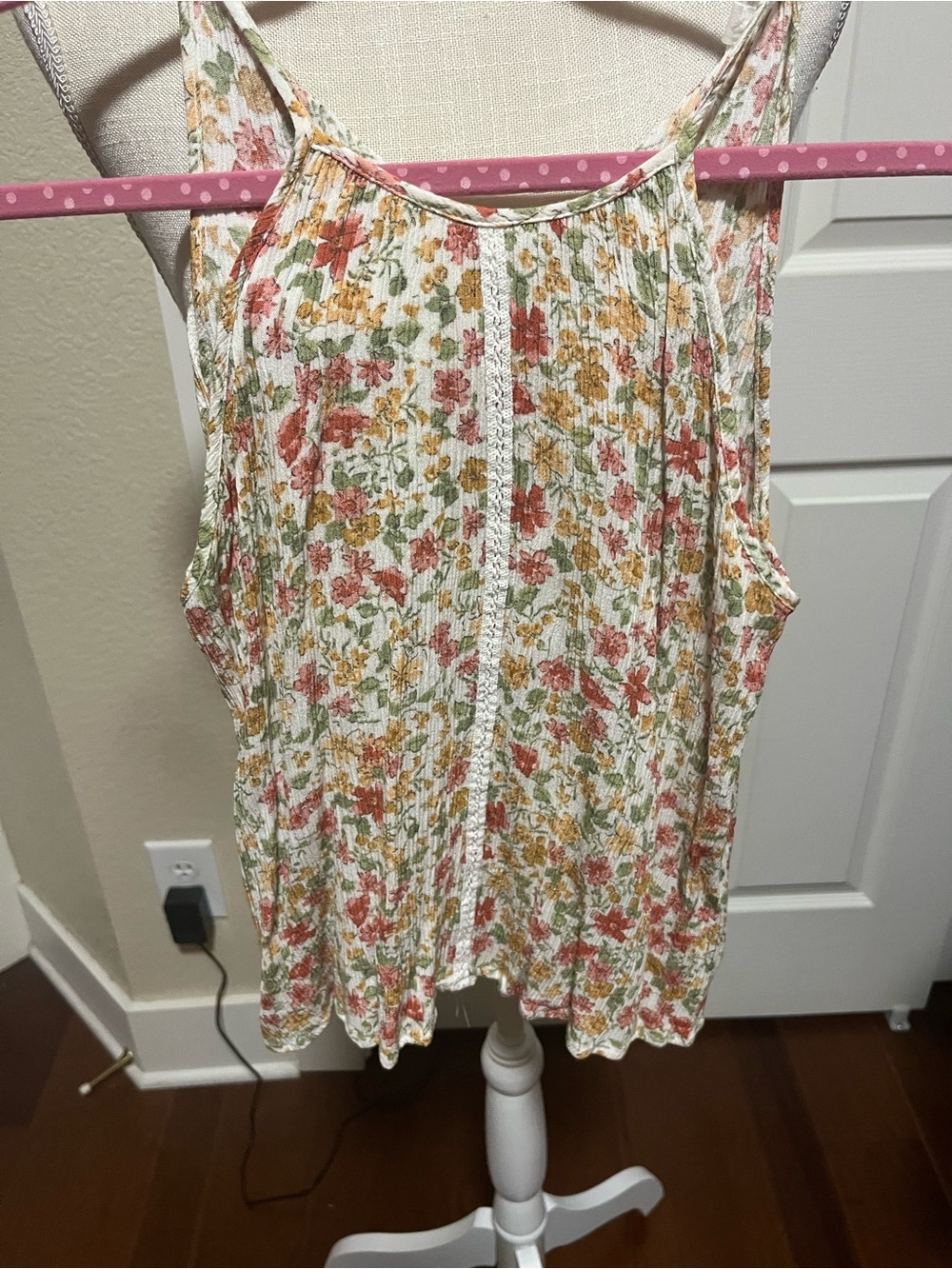 Hippie Rose Cream Floral Ribbed Tank with Pink & Mustard Flowers